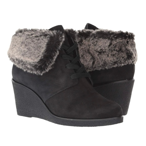 COLE HAAN Wedge Heel Lace Up Ankle Winter Boots with Faux Fur Cuff - Picture 3 of 11